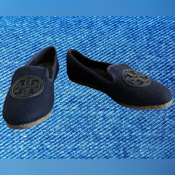 TORY BURCH NAVY BLUE NEW BOX SHOES LAMB FUR LOGO BILLY SLIPPERS 5 - Picture 2 of 9
